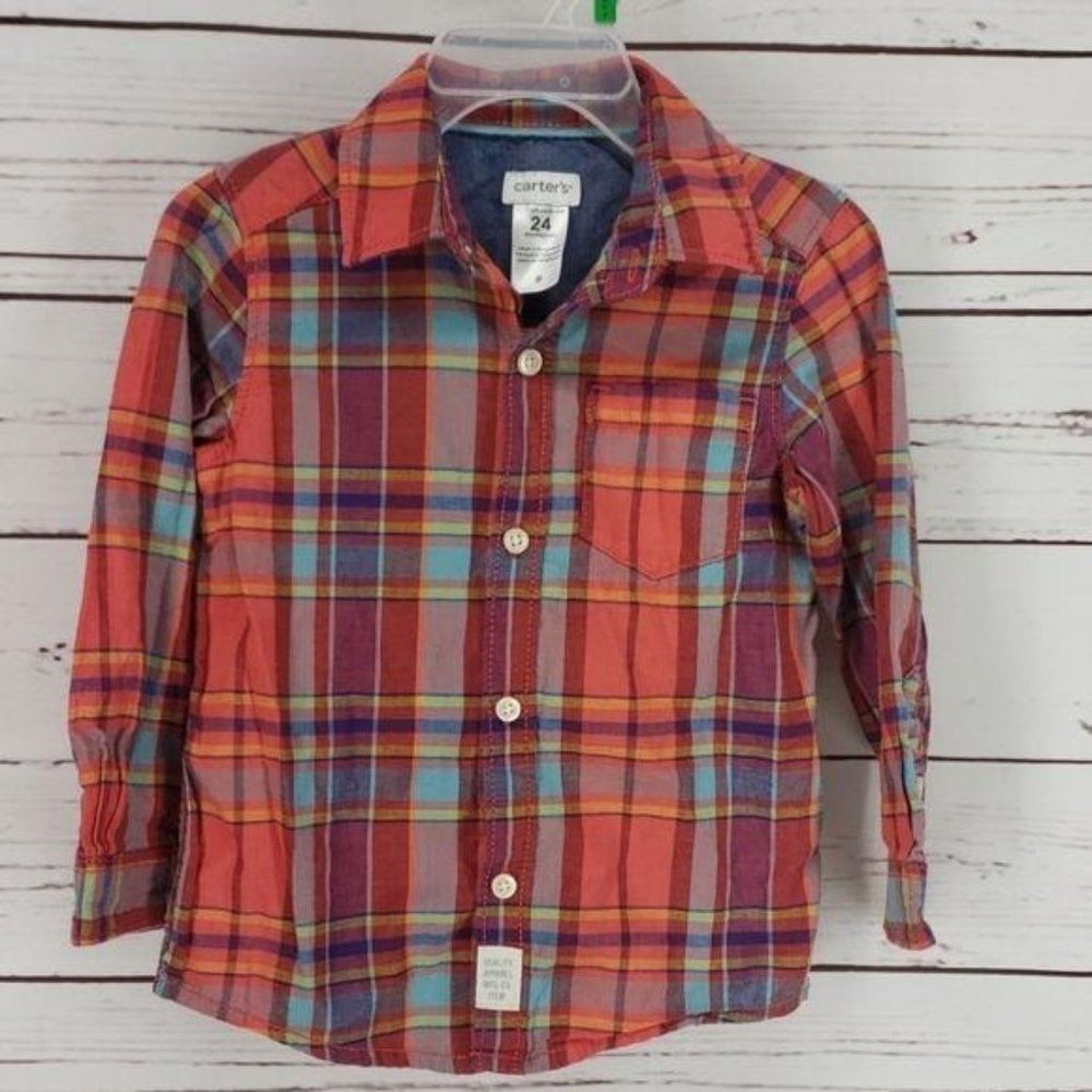 Carters Toddler Boys Red Orange Blue Plaid Button Down Shirt 24 Months